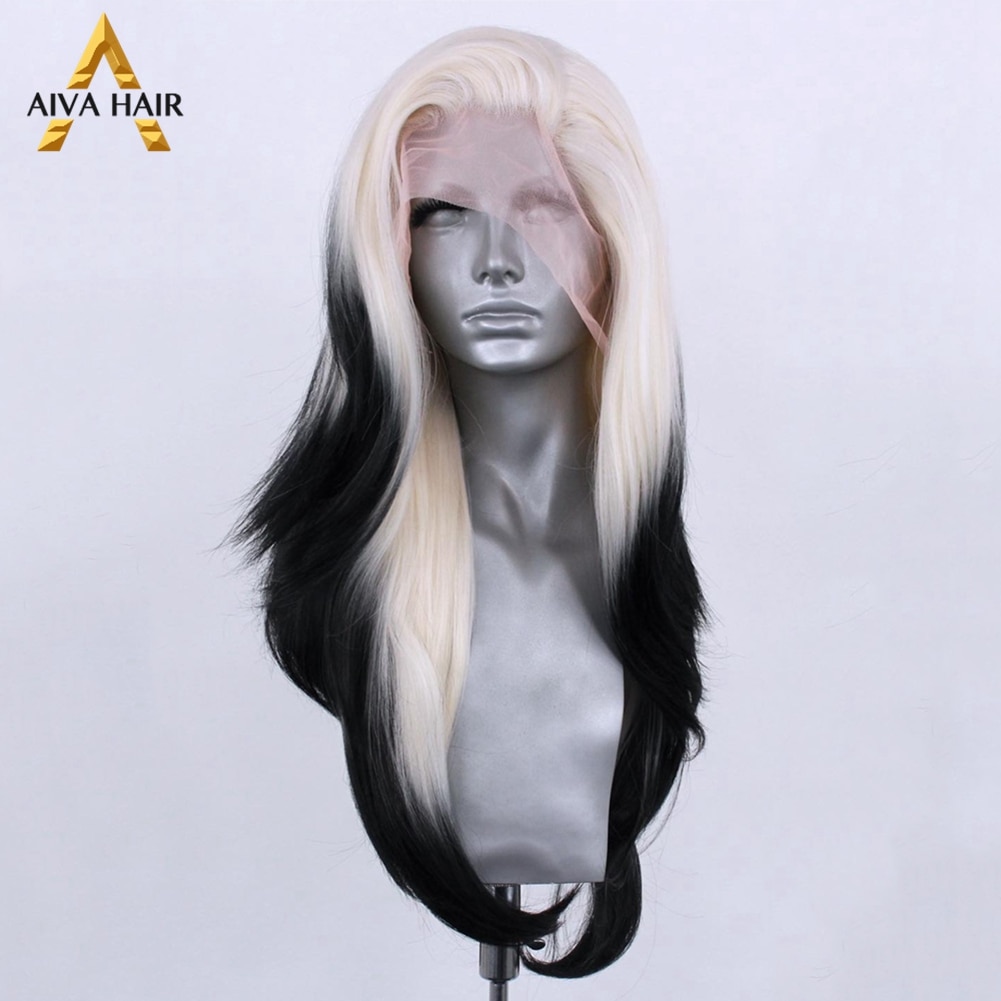 Heat Resistant Ombre Synthetic Hair Lace Wig Aiva Straight Black White Synthetic Lace Frint Wig Cosplay Wigs For Black Women