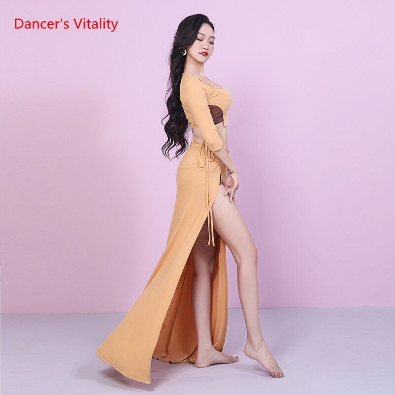 Ensemble de danse du ventre pour femmes, tenue de danse orientale, demi manches, haut + longue jupe fendue, 2 pièces