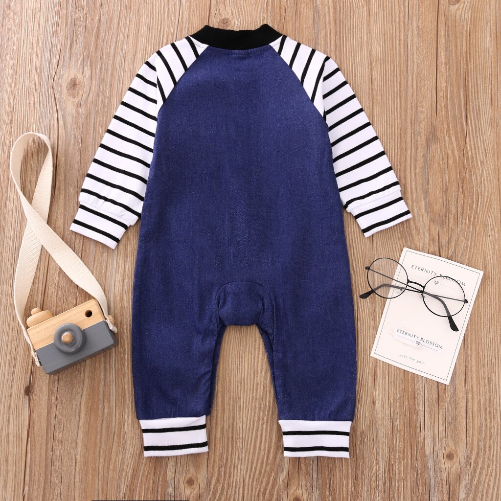 Infantile bébé fille garçon combinaison ample bébé bleu foncé rayure Patchwork manches longues col rond une-pièce barboteuse garçons 0-12 mois