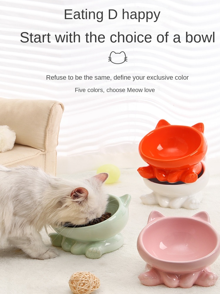 Cat Bowl Integrated Ceramic Diagonal High Feet Cute Protection Cervical Spine Dog Bowl Drinking Cat Bowl Against Black Chin