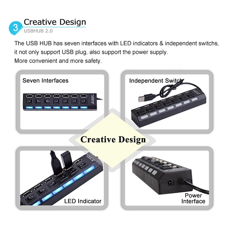 LED USB 2.0 Adapter Hub Multi-Port Socket Powered ON/OFF Switch Charger Splitter For Pc Laptop Computer U Disk Phone Tablet