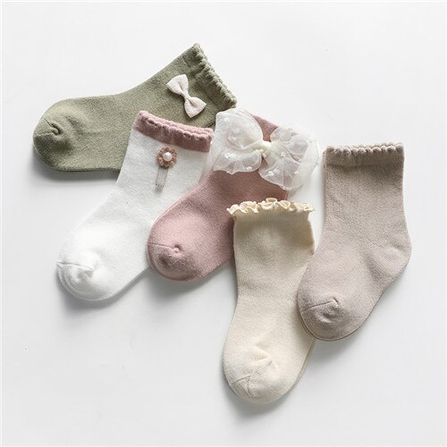 Chaussettes en coton pour filles, 5 pièces, en dentelle, avec nœud, Style princesse, accessoires pour enfants, automne et hiver: style 4 / S 0to1Years