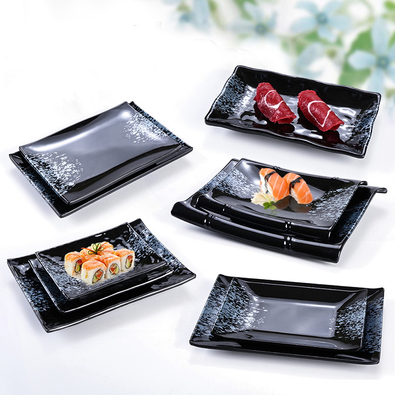 Black Melamine Rectangular Plate Bamboo Knot Dish Grilled Fish Dish Pot Meat Cold Dish Japanese Sushi Plate