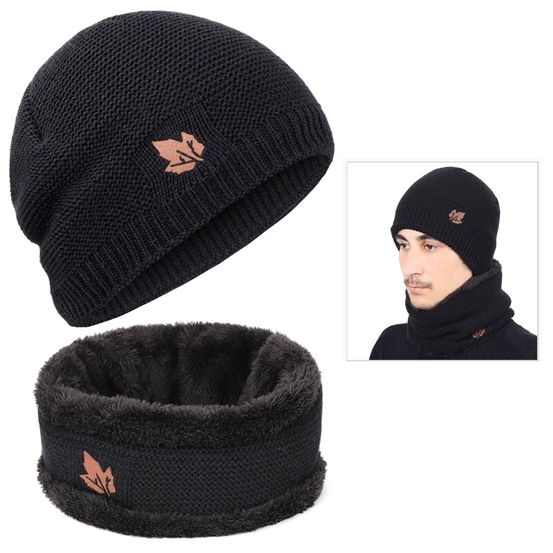 Mænd kvinder unisex vinter beanie hatte tørklæde sæt varm strik hatte kranium cap fleece foring hals varmere vinter hat & tørklæde sæt