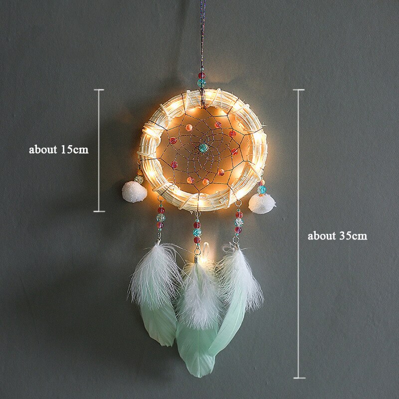 MIAMOR – attrape-rêve en rotin avec anneau lumineux et pompon, décoration murale suspendue, pendentif pour chambre d&#39;enfant, AMOR00149
