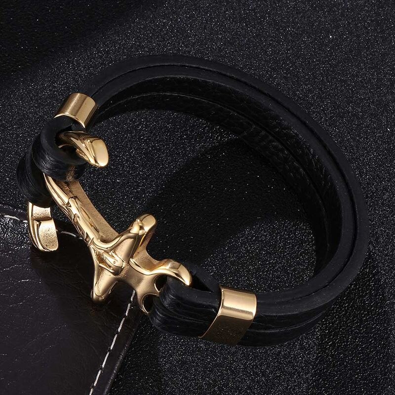 Pulsera de cuero con ancla cruzada para hombre, brazalete de acero inoxidable, Color dorado, para , SP0783