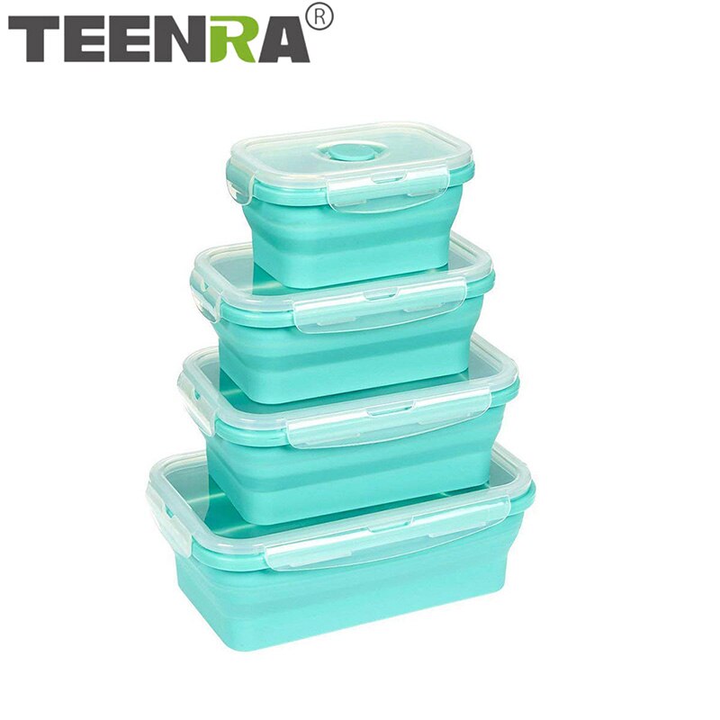 TEENRA Silicone Collapsible Lunch Box Set Silicone Food Container Storage folding Food Bento Lunch Box Microwave Dishwasher Safe: Blue 4pcs