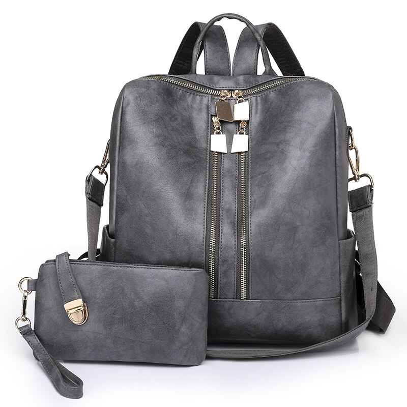 DIDA BEAR-Mochila de cuero para mujer, morral escolar grande, de viaje, Color caramelo con monedero: Gris