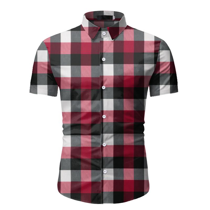 Casual Printed grid Short Sleeve Shirt Men Street Hawaii Beach Oversize Harujuku Shirts for Men: red / M