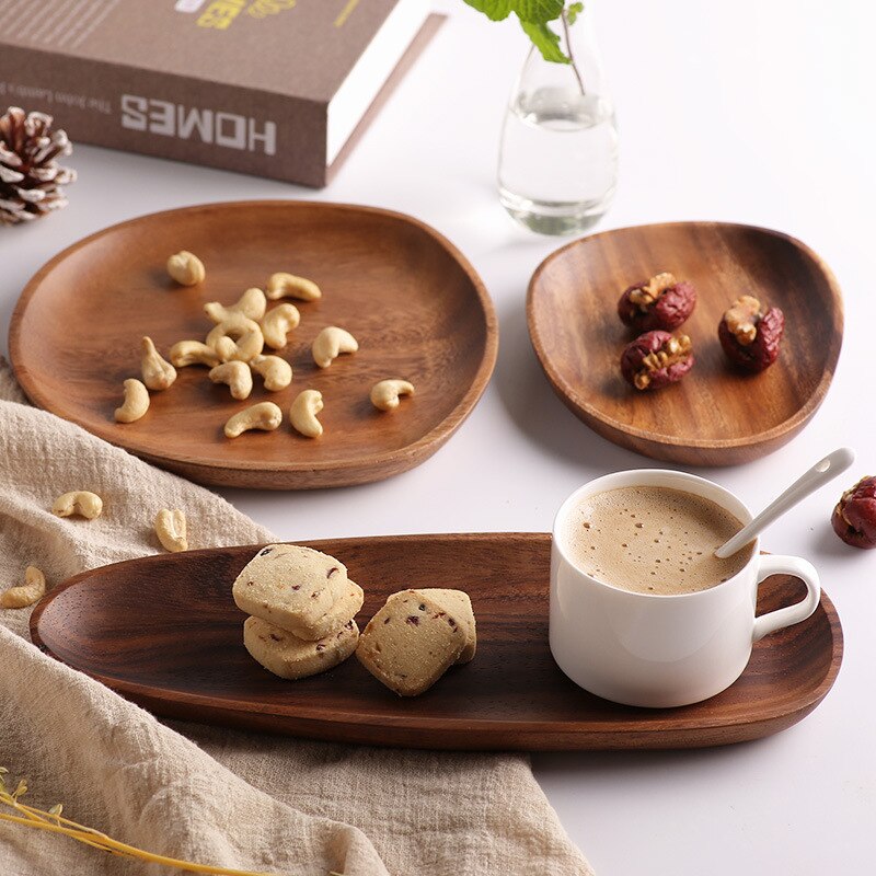 Irregular Solid Wood Plate Black Walnut Wood Pan Sturdy Natural Party Tableware for Salad Dessert Dinner Fruit Tea