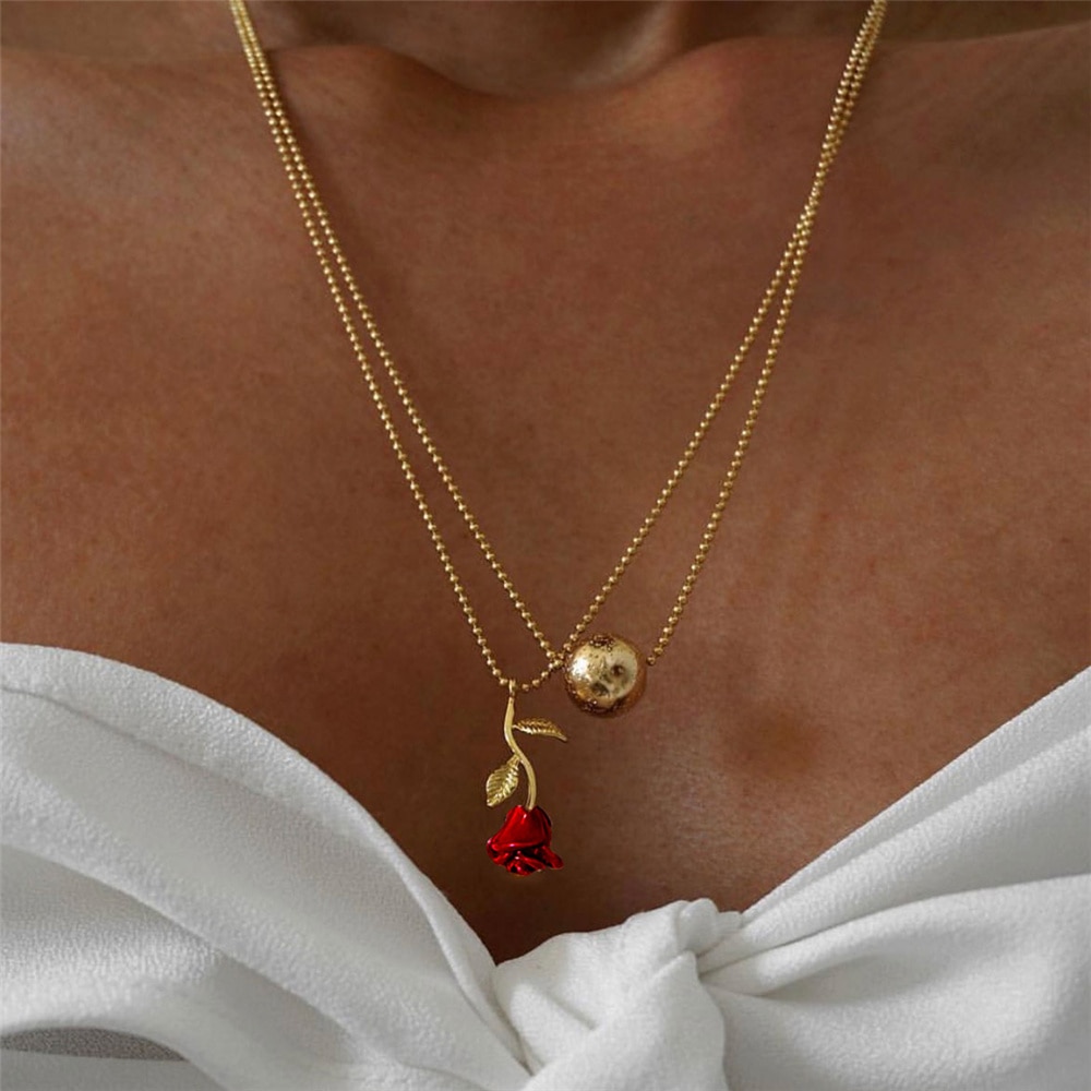 Boho Red Rose Flower Pendant Necklace Simple Vintage Bead Double layer Necklace clavicle Chain Statement Jewelry for Women