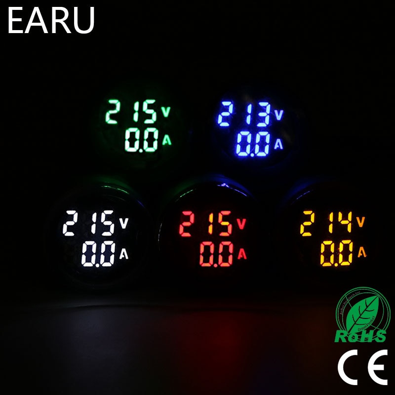 Mini voltímetro Digital redondo amperímetro 22mm AC 20-500V 0-100A Amp Volt probador de voltaje medidor de doble LED indicador de luz piloto