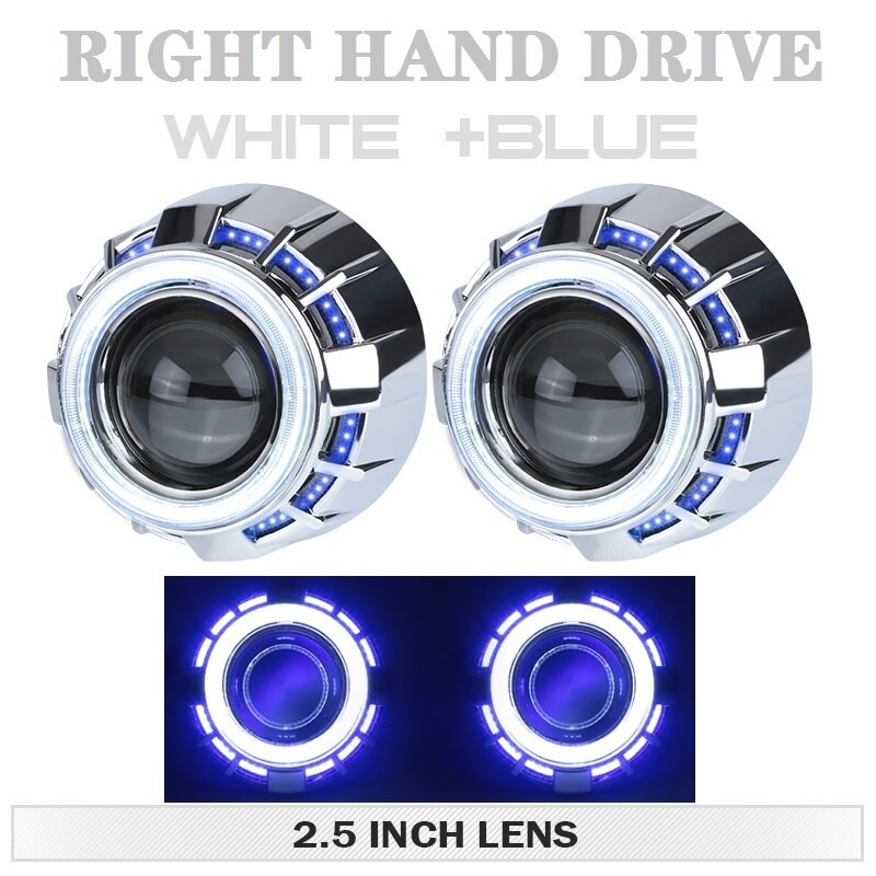 Lente de proyector Bi Led de doble Ojo de Ángel, 3,0 y 4,0 pulgadas, blanco, rojo, azul, Ojo de Ángel, readaptación H7, conjunto de Faros para automóvil, H4, 2,5: 2x RHD White Blue