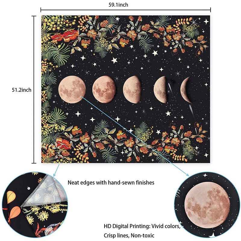 Large Moonlit Garden Tapestry, Moon Phase Flower Vine Tapestry Black Background Floral Tapestry Wall Hanging for Room