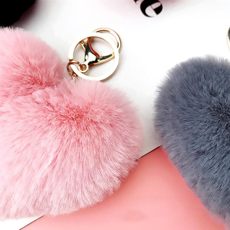 2020 New Lovely Heart Keychains Women's Pom Poms Faux Rex Rabbit Fur Ball Key Chains Girl Bag Hang Car Key Ring Pendant