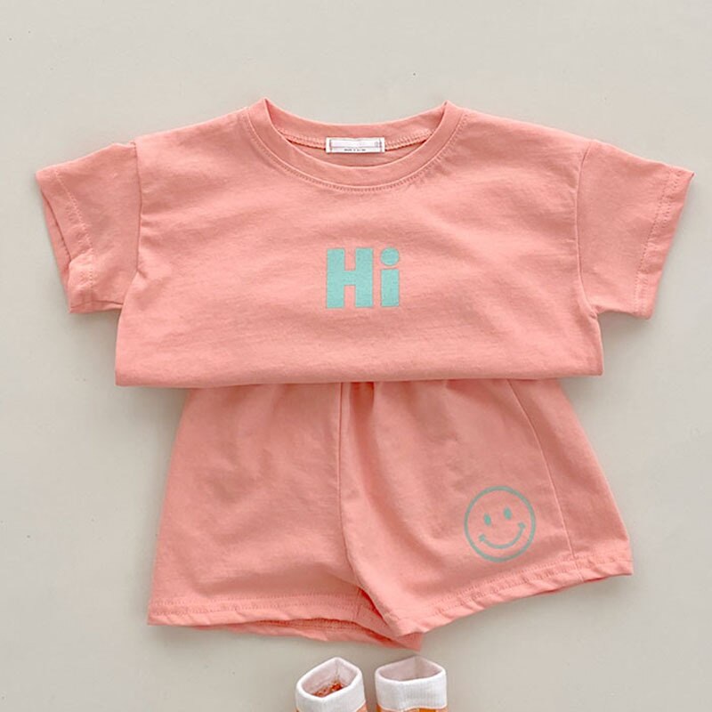 2176B Toddler Girl Clothes Summer Boy and Girl Clothing Set Letter Hi t-shirt a maniche corte e pantaloni Kids Summer Suit 2pc: Orange / 73 for 9m