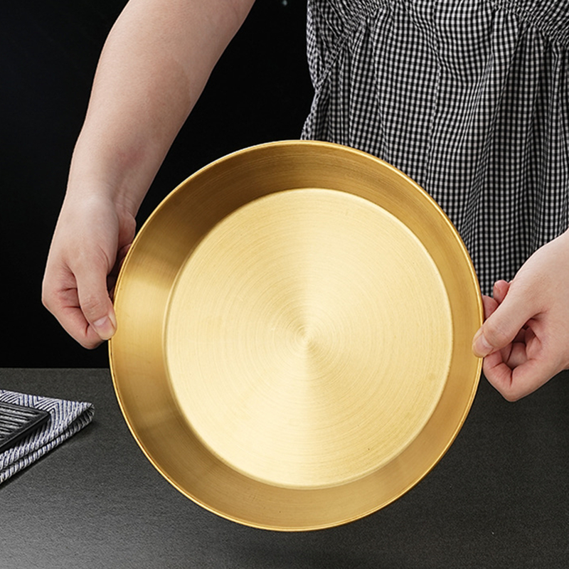 Koreanische Luxus Edelstahl runde Platte goldene flache Boden Aufbewahrung stablett verdickte Obst kuchen Steak Snack Gerichte