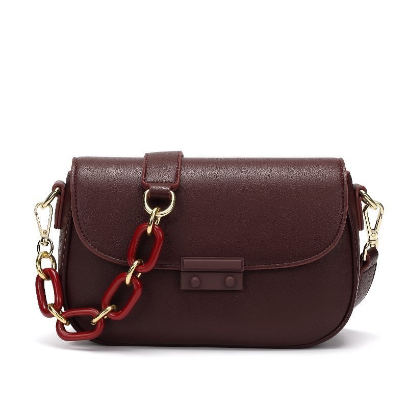 Women's Solid Color Small Square Bag Simple Korean One Shoulder Double Shoulder Leisure Crossbar Chain Leisure Bag: wine red