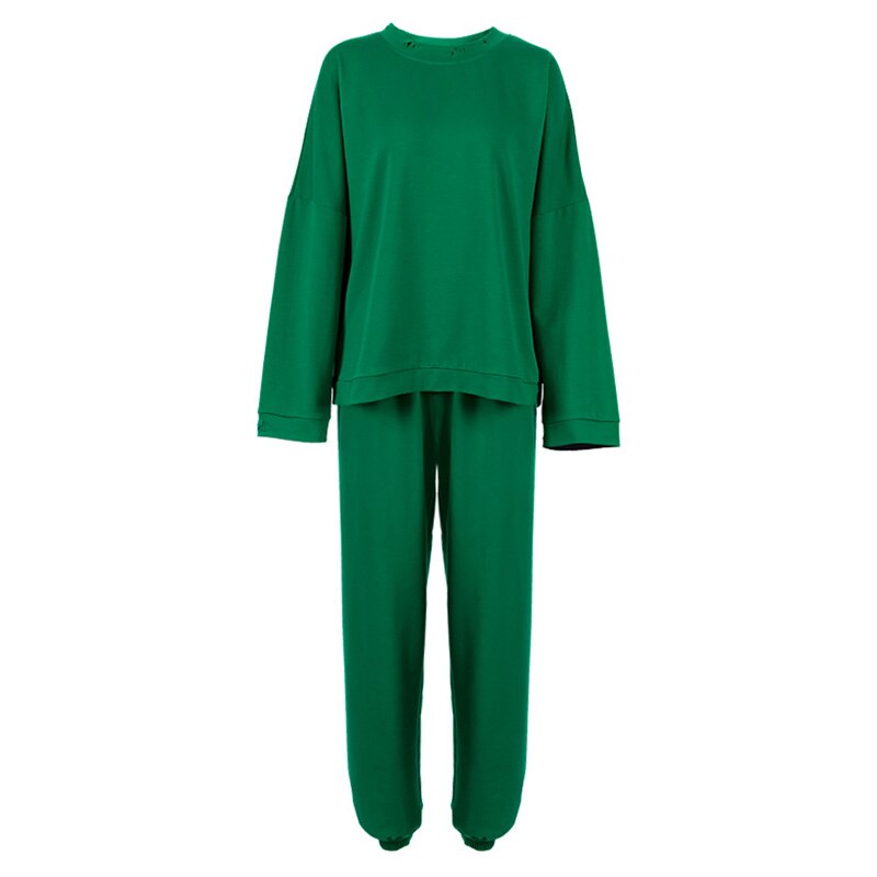 Haut effiloché à manches longues pour femme, pantalon de sport surdimensionné, pull-over, sweat-shirt, ensemble de 2 pièces, pantalon décontracté, survêtement, printemps, 2022: green / M