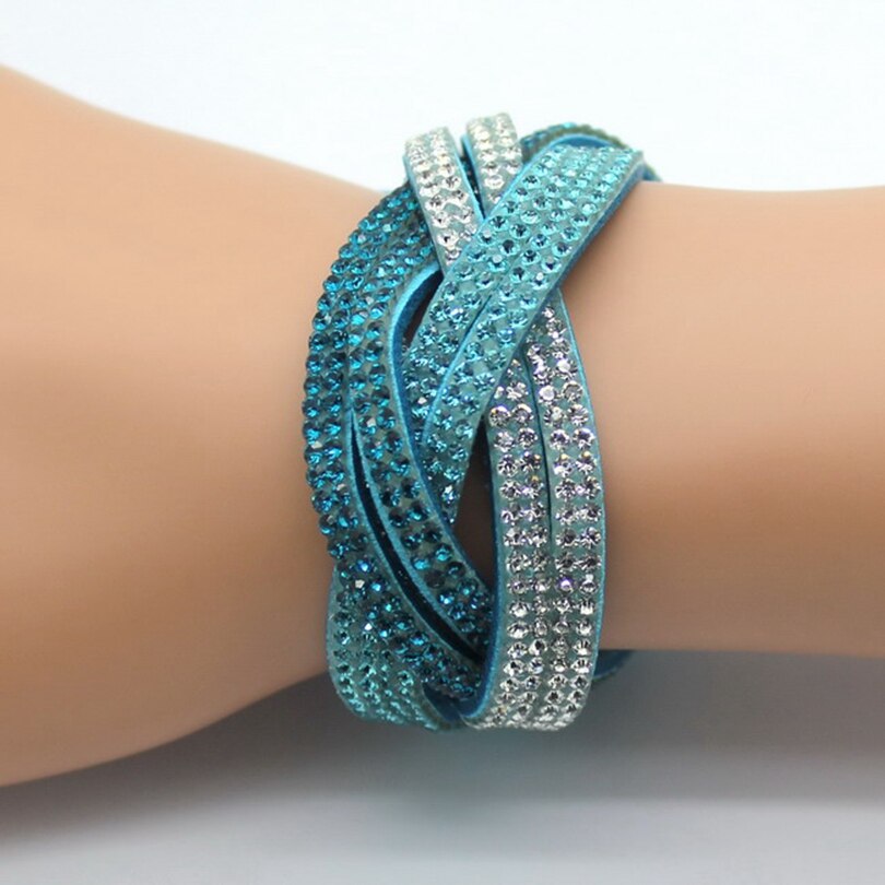 XQNI, pulsera clásica de piel para mujer, brazalete de 18cm de gran con diamantes de imitación envueltas, dije de cristal, pulsera de mujer, joyería