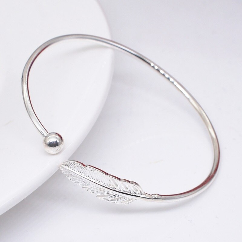 OMHXZJ Europese Mode Vrouw Meisje Party Wedding Leaf Open 925 Sterling Zilveren Manchet Bangle BA15