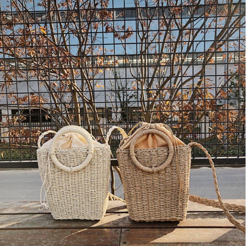 Kvinder halm sommer strand tote taske damer afslappet flettet rattan tasker vævede tasker rattan kurv skuldertaske rund håndtaske