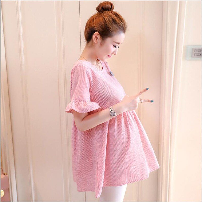 Summer Maternity T-Shirt Dresses Loose Clothes For Pregnant Women Stripe Pregnantcy Tops Maternity T shirt X129: Pink / XXL