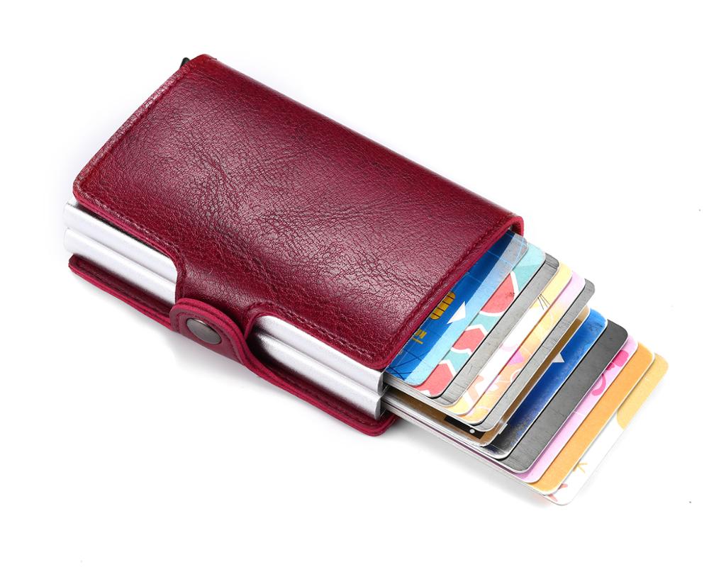 RFID Men's Leather ID Credit Card Holder Male Automatic Aluminum Alloy Hasp Business Double Layer Cardholder Wallet for Man: Red