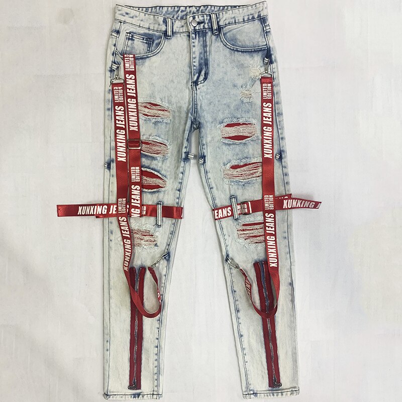 Men&#39;s jeans summer loose trousers trendy street men&#39;s collocation autumn straight pants ripped motorcycle boy pants