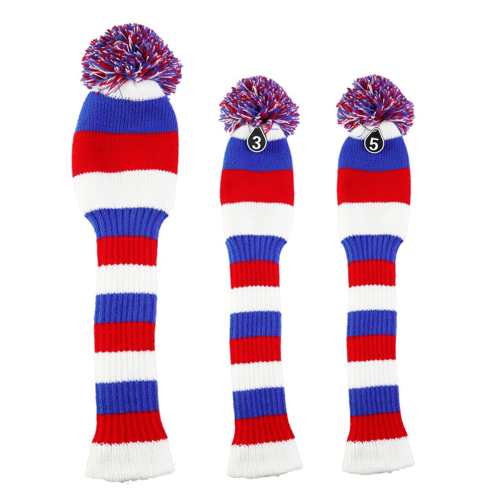 Stripes Knitted Golf Club Head Covers 3 Piece Set 1 3 5 Driver and Fairway HeadCovers with No. Tag