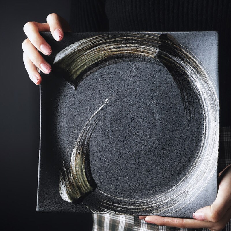 Japanese Retro Square Ceramic Tableware Black Dinner Plate Tray Dessert Steak Sushi Cake Dishes Home Restaurant Flat Plates