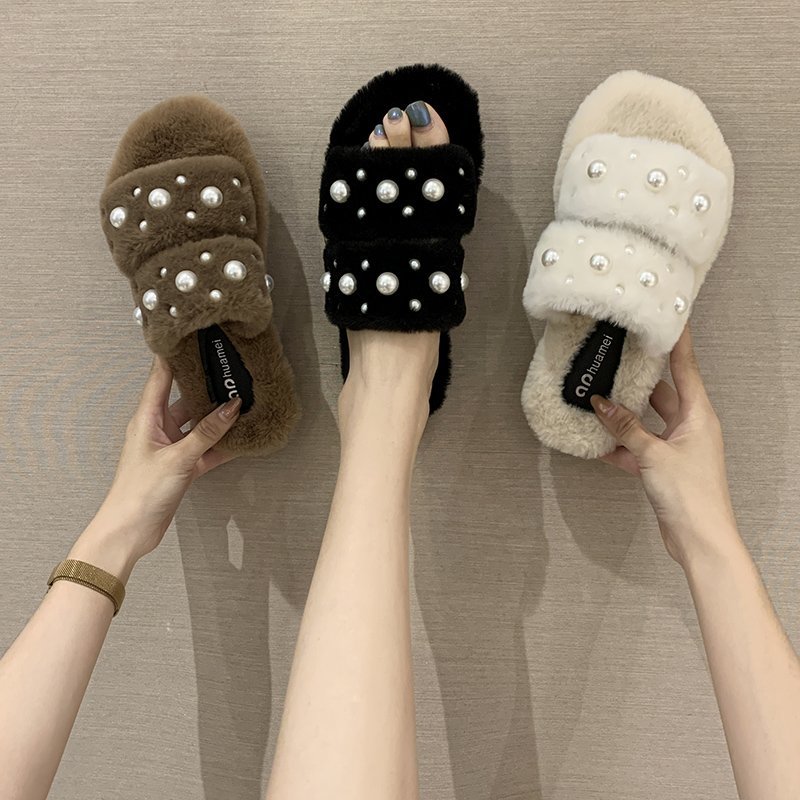 Tekoturkis lämpimät kengät talvi naiset helmi karvaiset tossut valkoiset sisätassut naisten kotiliukumäkiä mustat pehmotossut