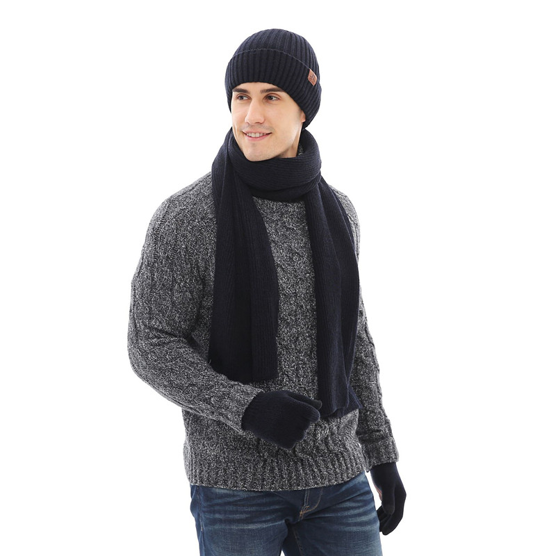 Lamaxpa solidt tyk mand tørklæde, hat & handsker sæt 3 stk stribet strikket vinter varm beanis wrap: 3