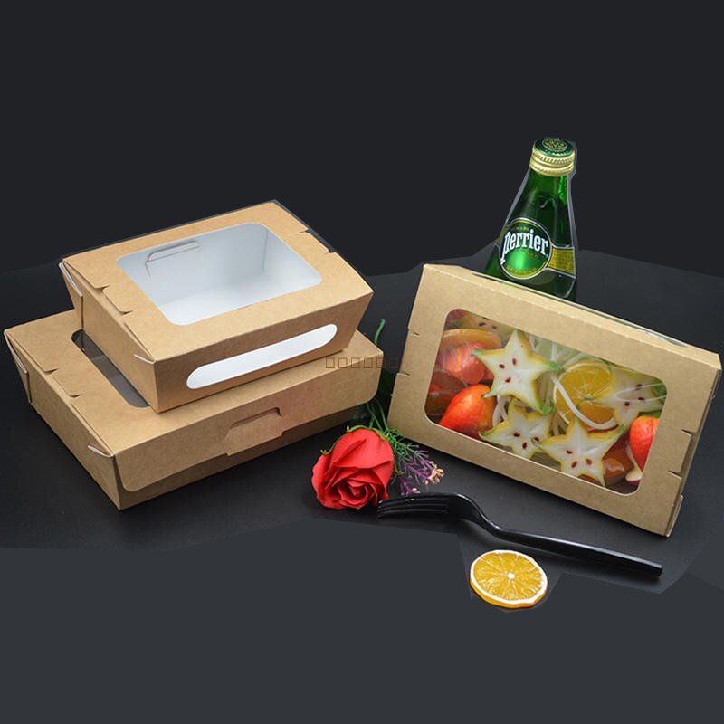 50pcs Brown paper packing box disposable transparent skylight fruit salad container（760ml/970ml/1470ml).