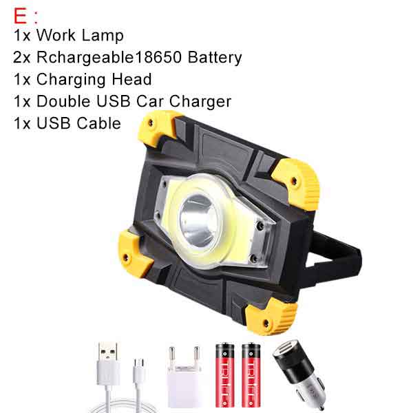 100w lamper ledet kolbe bærbar søkelyset camping lampe lanterne usb lade arbeidslys 18650 flomlys makt bank søkelys: E