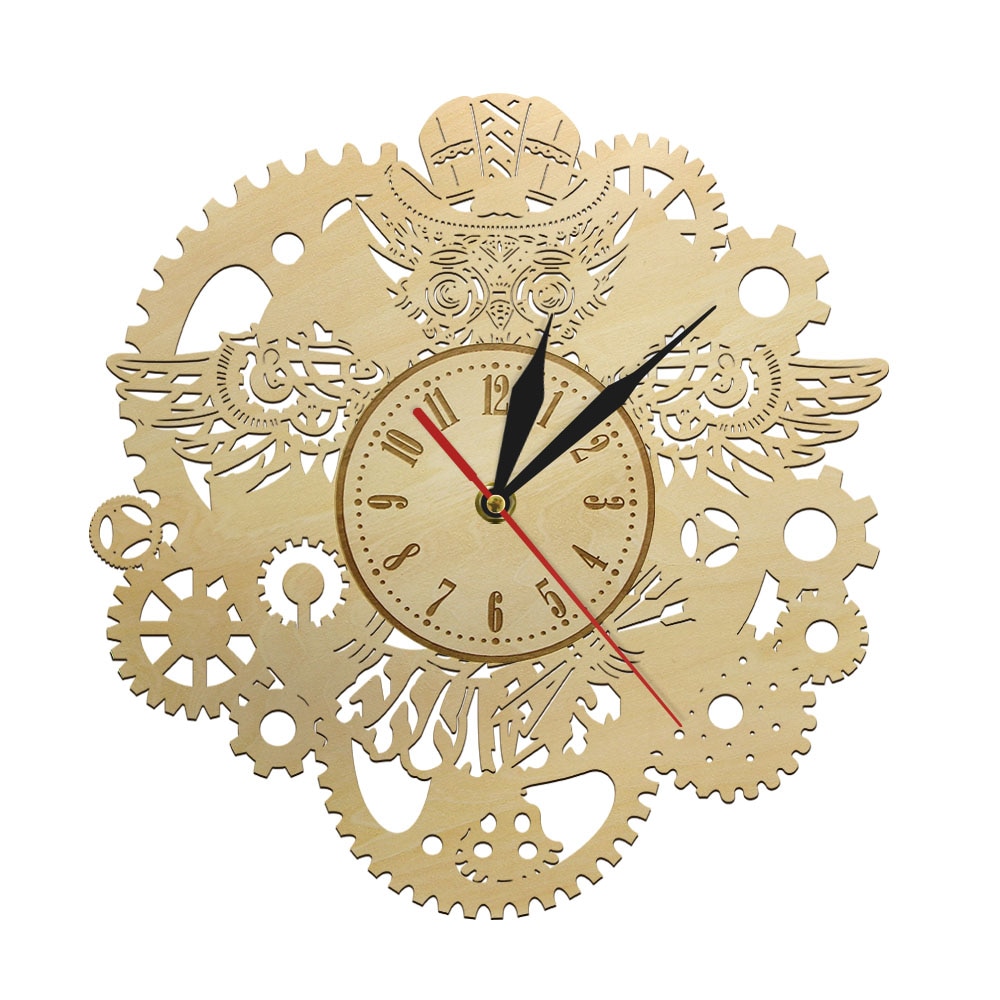 Steampunk Mechanische Houten Wandklok UIL Monteur Versnellingen Rustieke Muur Horloge Gothic Vintage Decor Uilen met Gears Geometrische Art