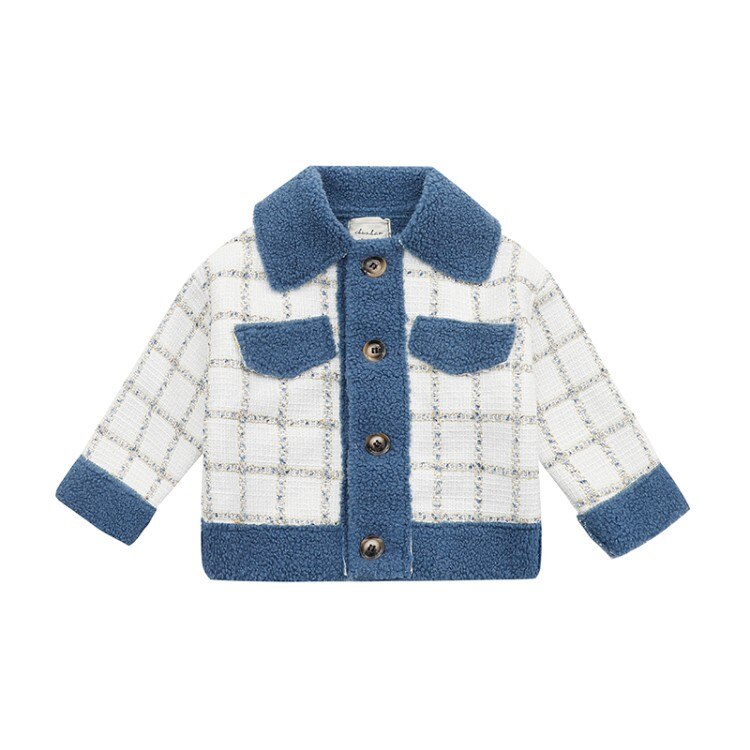 Rutig ullkappa för tjejer dubbelknäppta jackor barn ytterkläder höst tjocka vinterkläder för tjejer 6 8 10 12 14 år: Blå / 3t