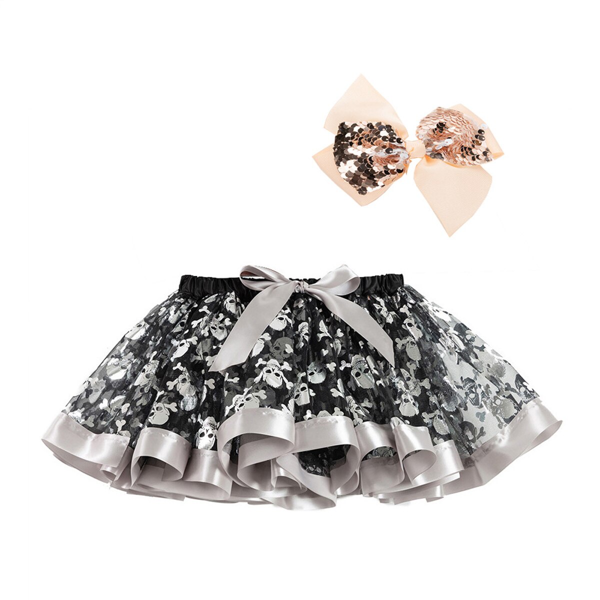 Baby Meisje Tutu Rok 2 Stuks Tule Kant Bloeiers Luier Cover Mesh Rok Halloween Multi-Gelaagde Prinses Lovertjes Strik hoofdband: Black / 6m