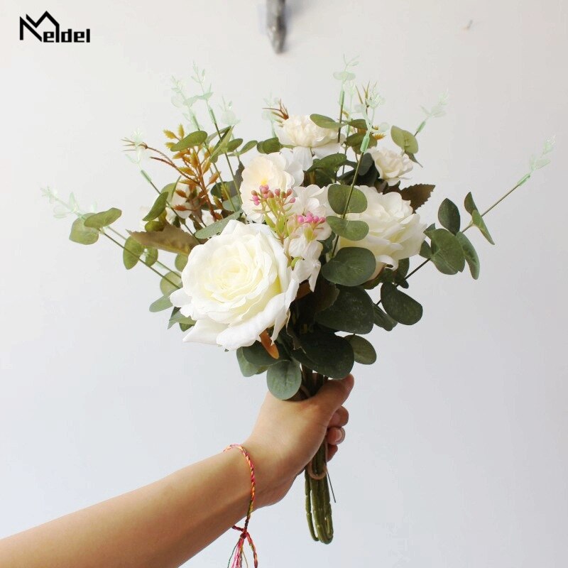 Meldel 6 Hoofd Zijde Rose Pioenbloem Wedding Bouquet Home Decoratie Kunstmatige Eucylaptus Zijden Bloemen Luxe Home Decor Flores: D-White