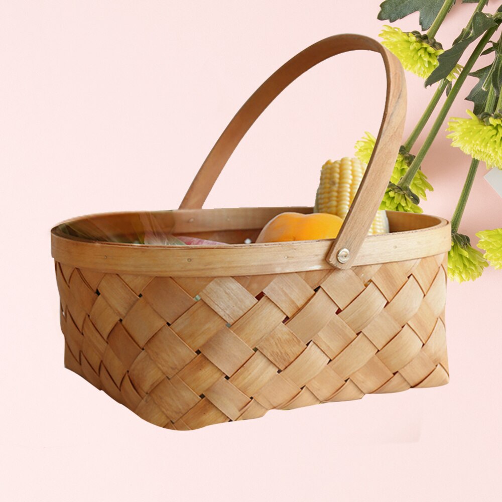 Portable Rattan Storage Container Storage Basket Houseware Storage Basket Wooden Woven Storage Basket with Handle(Small