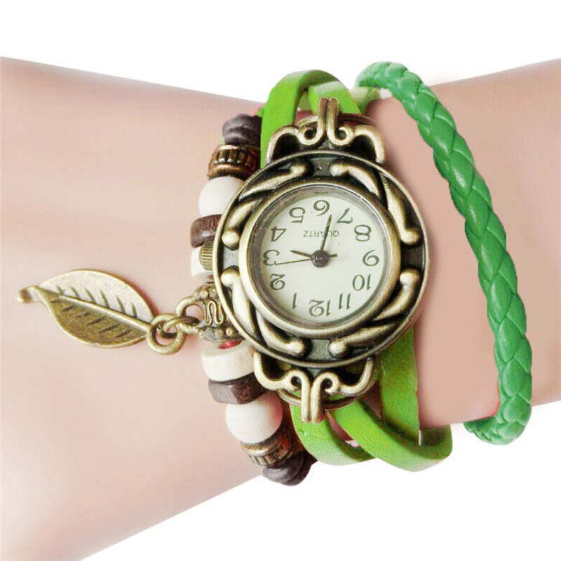 Vrouw Armband Horloge Lederen Band Leaf Hanger Ladie Horloge Retro Eenvoudige Quartz Lady Klok Relogi montre dames horloges # W: Groen