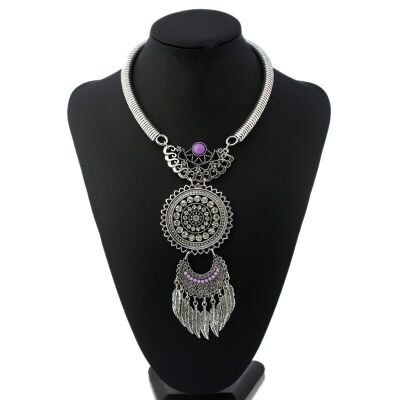 Fashioin colar feminino vintage colares de declaração pingentes bohemia folhas borlas acessórios de jóias: silver purple