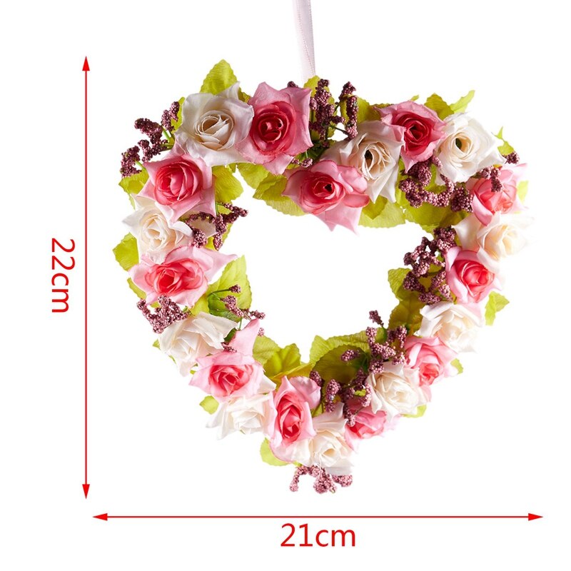 Hjerteformet kunstig blomsterkrans dørdekoration hængende kranse med silkebånd til bryllupsdekoration (pink ) 22 x 21 x 3.5cm