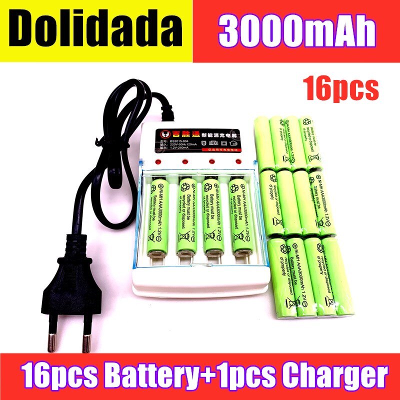 AAA battery 3000 mAh Rechargeable battery NI-MH 1.2 V AAA battery for Clocks, mice, computers, toys so on,Battery+Charger