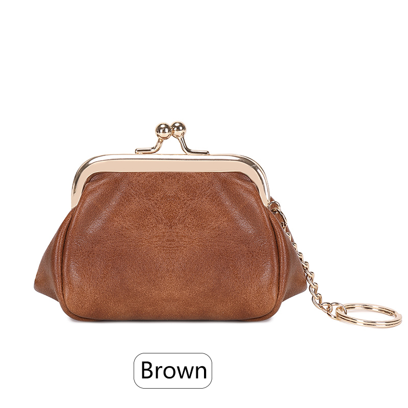 Mini bolsa de moedas retrô com clipe de bloqueio, bolsa de armazenamento portátil diária e fofa para meninas, bolsa de chave simples de cor sólida: Marrom