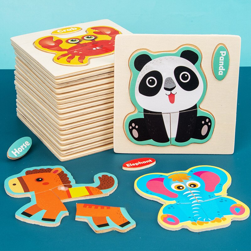 1Pcs Cartoon Wooden Animal and Transportation 3d Puzzle Jigsaw Wooden Toys for Intelligence Kids Baby Early Educational Toy