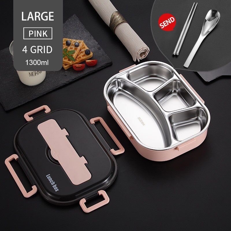 304 Roestvrij Staal Lunchbox Japanse Bento Doos Met Compartimenten Voor Kinderen Magnetron Voedsel Container Met Servies Set: 1300ml 4 Grid Pink