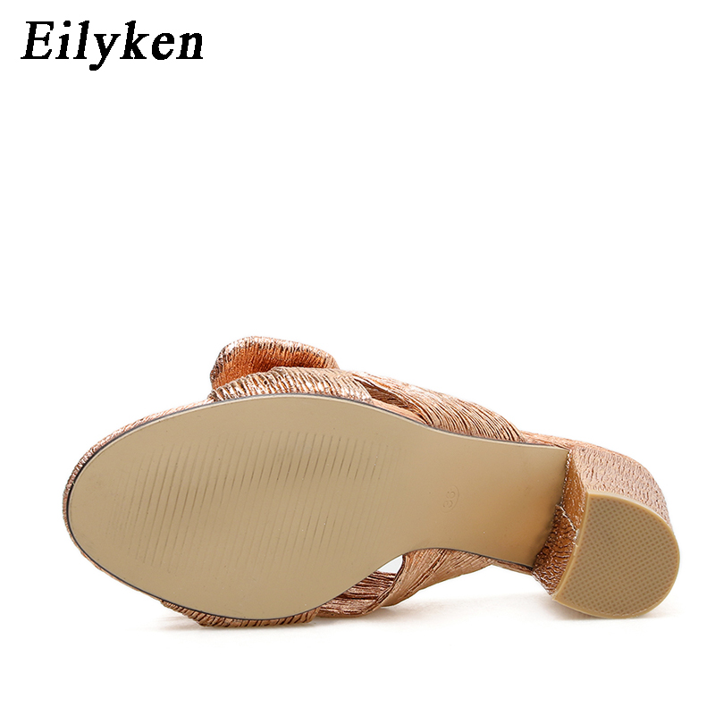 Eilyken sommer kvinner høye hæler muldyr tøfler kvinnelige peep toe stiletthæler tøfler gyldne sko pluss størrelse 35-42
