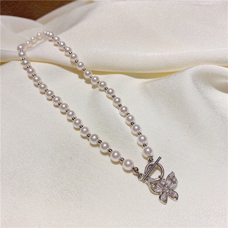 Zirkon sommerfugl perle halskæde perle vedhæng halskæde til kvinder enkle smykker: 02- sølv