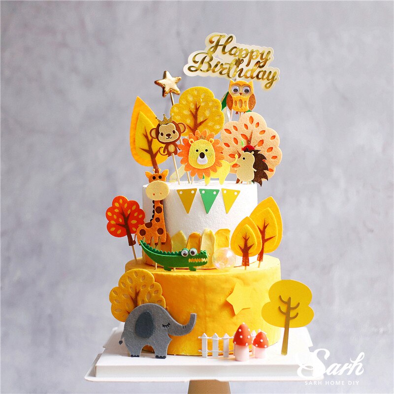Voelde Dieren Aap Leeuw Giraffe Uil Cake Topper Voor Verjaardagsfeestje Decoraties Bakken Levert Baby Shower Kid Liefde